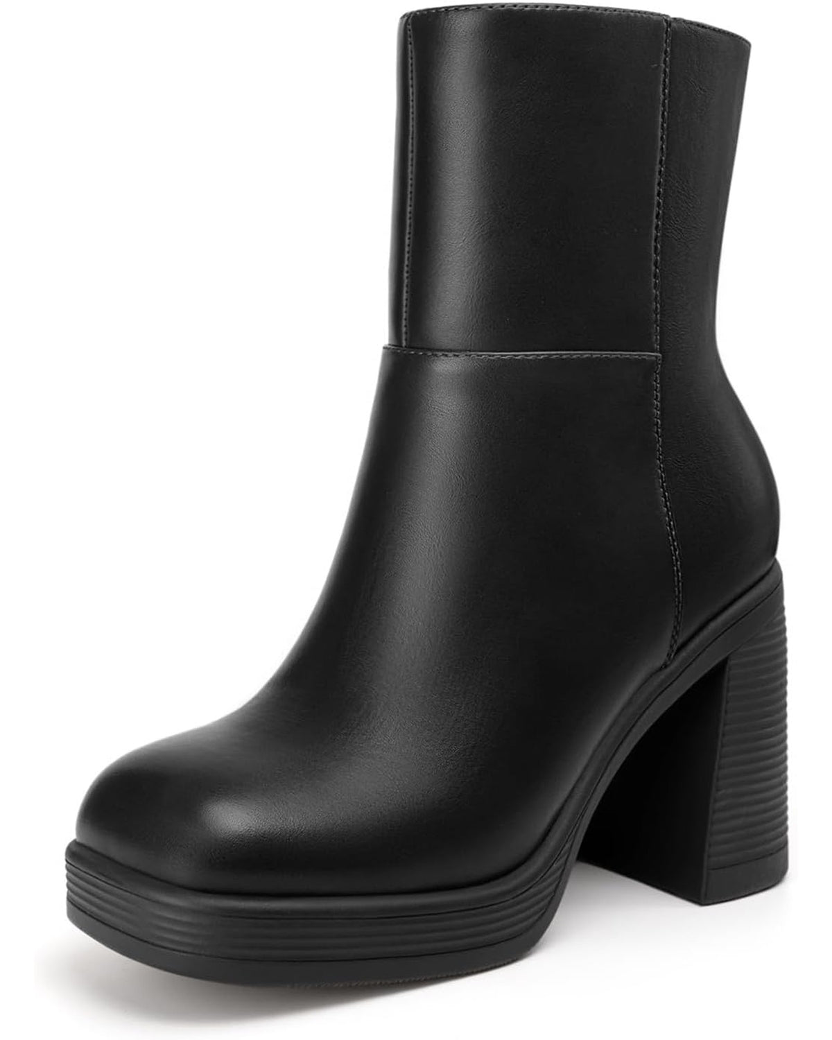 Black square-toe platform ankle boot, front three-quarter view