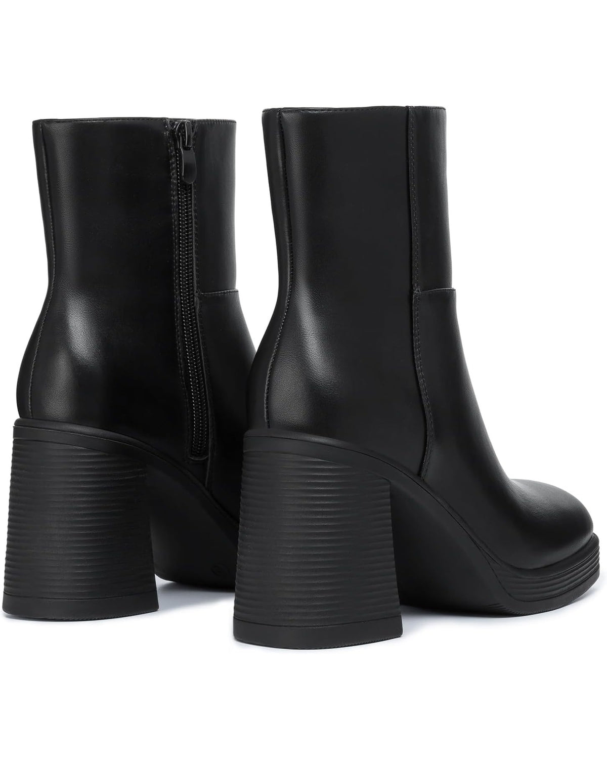 Black square-toe platform ankle boot, pair, back view of the heels