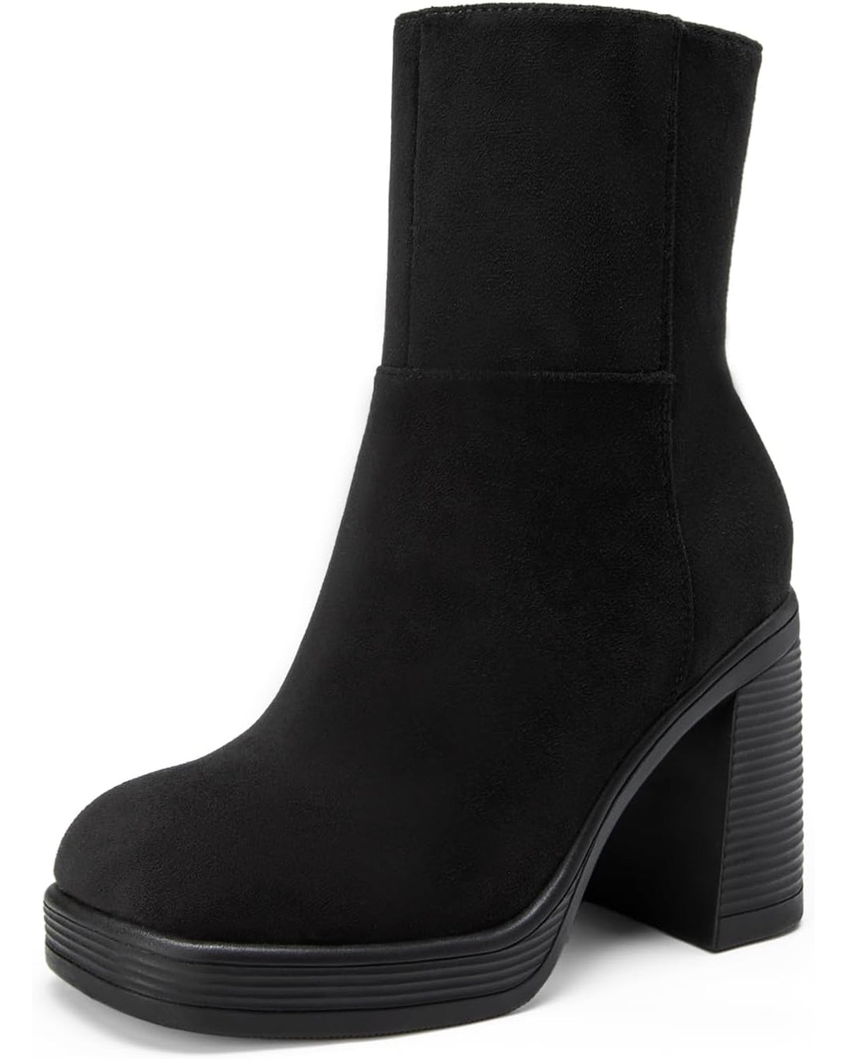 Black Suede-Look square-toe platform ankle boot, front three-quarter view