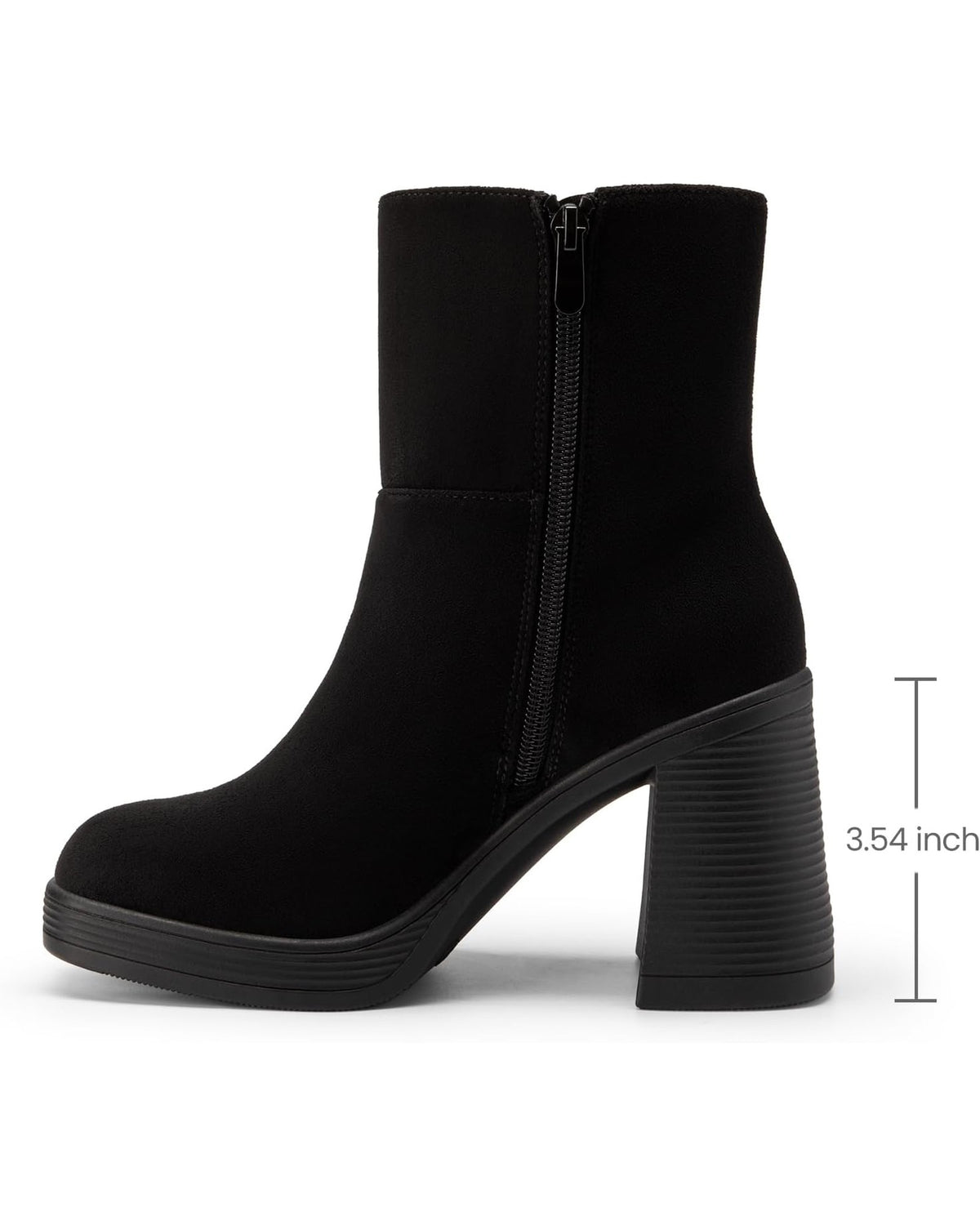 Black Suede-Look square-toe platform ankle boot, side view showing the 9 cm block heel
