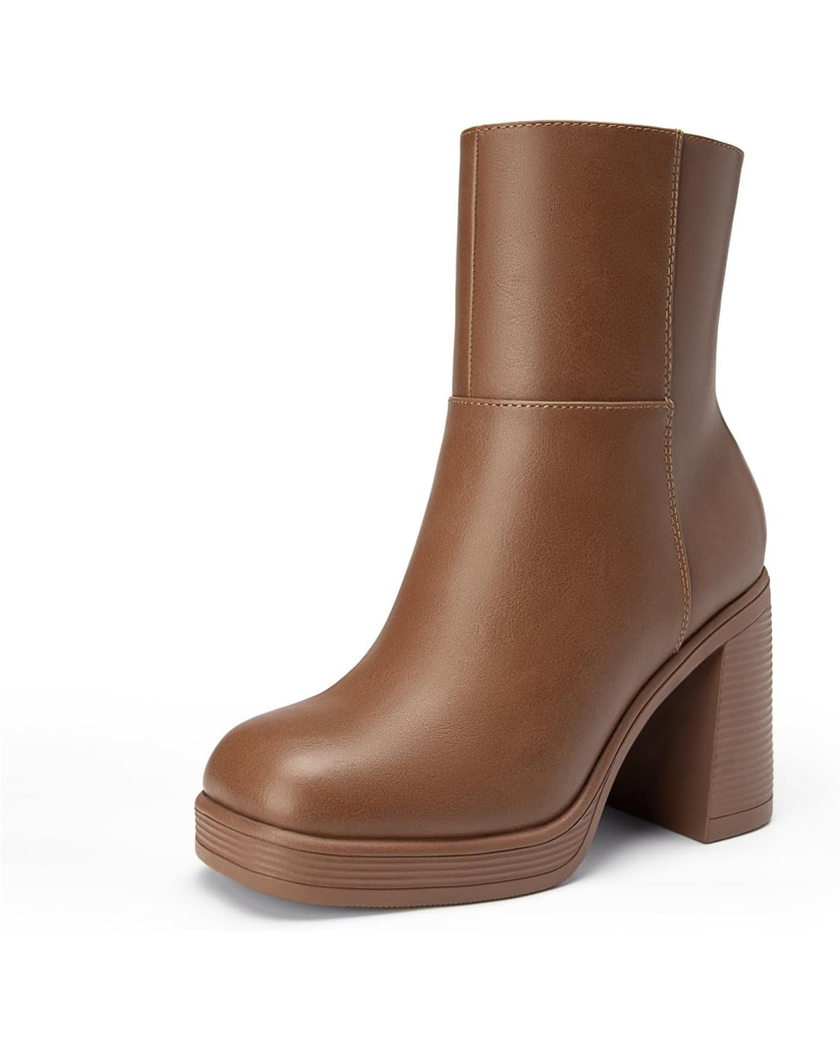 Caramel square-toe platform ankle boot, front three-quarter view