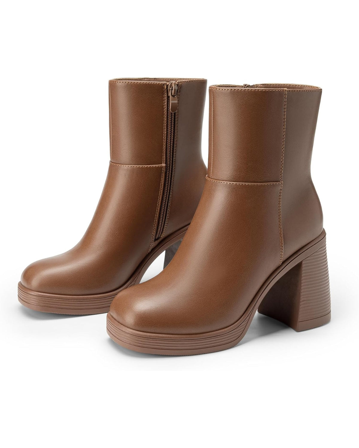 Caramel square-toe platform ankle boot, pair, inner side zip