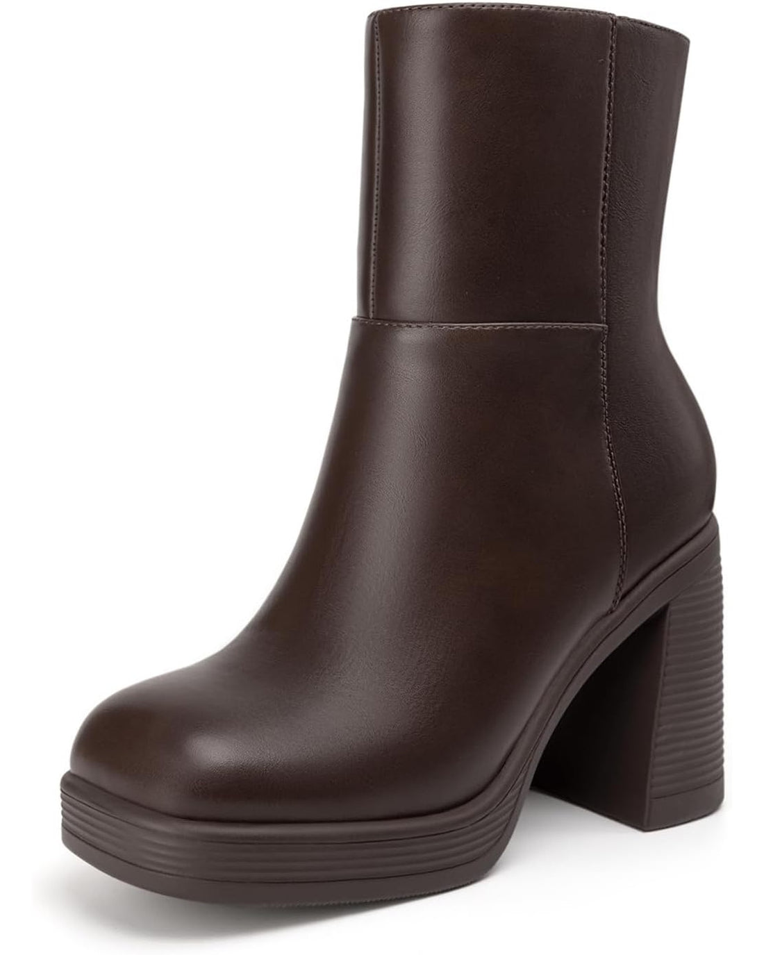 Espresso square-toe platform ankle boot, front three-quarter view