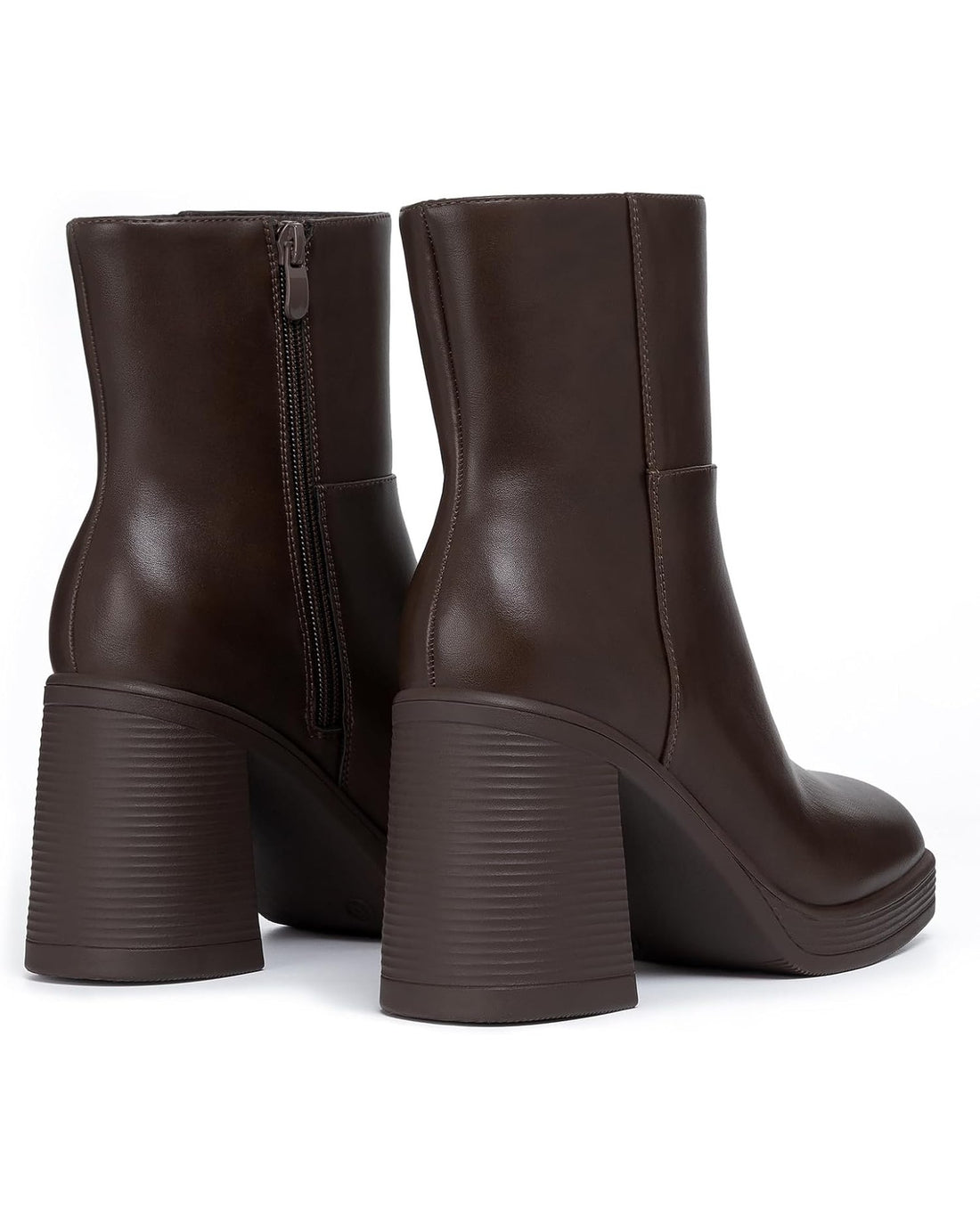 Espresso square-toe platform ankle boot, front three-quarter view