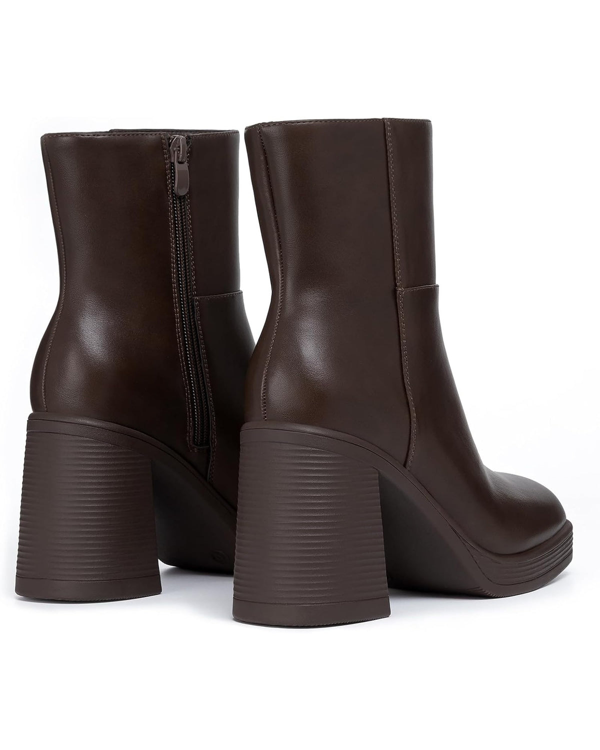 Espresso square-toe platform ankle boot, pair, back view of the heels